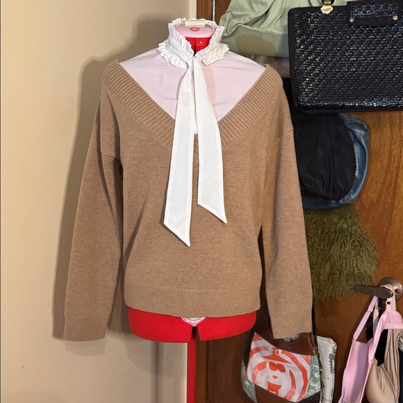 Maje Mirelle Camel Mock Layered Blouse and Wool V-Neck Sweater Pullover Size 2 - Picture 7 of 16